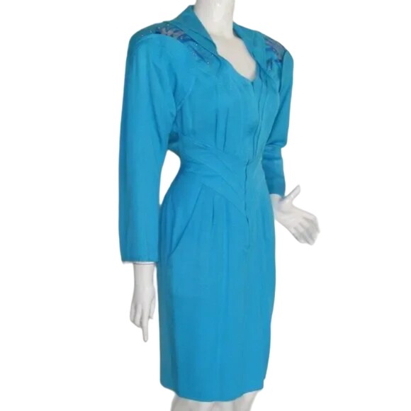 Avant Garde Dress, XS/S, VINTAGE, Aqua Blue, Statement Shoulders, Zip front, LS - Picture 5 of 15